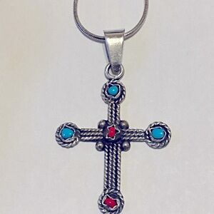 Sterling Silver Cross Pendant with Turquoise and Red Coral Accents